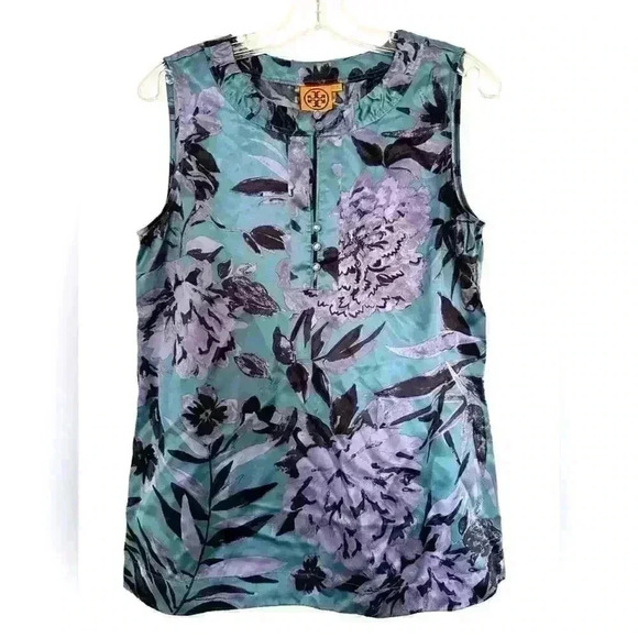 Tory Burch Tops - Tory Burch SLEEVELESS SATIN FLORAL TUNIC TOP FAUX COLAR WITH BUTTONS SIZE 8